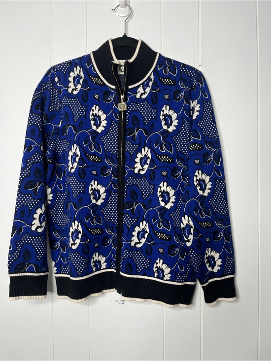 Anne Klein Sweaters - Anne Klein Royal Blue and Black Floral Full Zip Cardigan Sweater Size M
